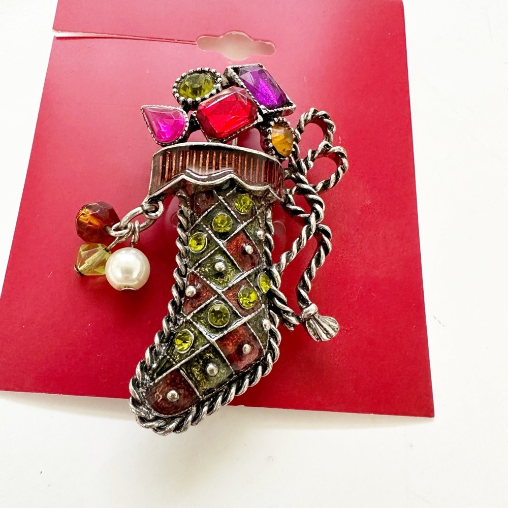 Christmas Stocking Jewel Toned Christmas Brooch Rhinestone Holiday Pin